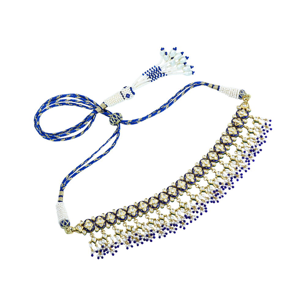 Polki Choker with Enamel, Pearl Bunches, and Blue Bead Accents
